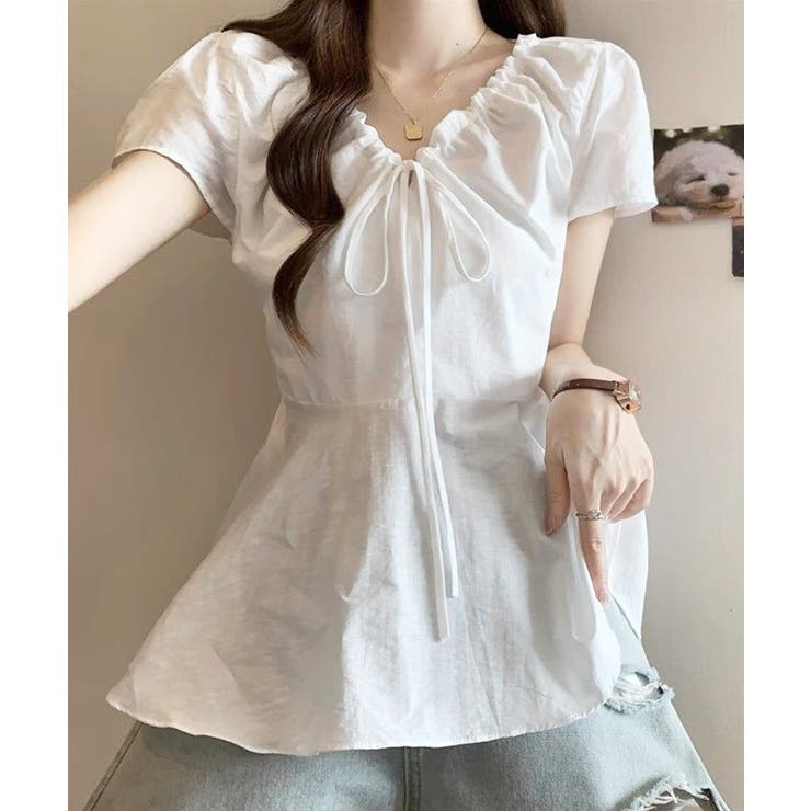 襟ドロストシャツ半袖レディース Vネックパフスリーブブラウス 大人きれいめ韓国風… | SUNSHINE CLOSET | 詳細画像7 