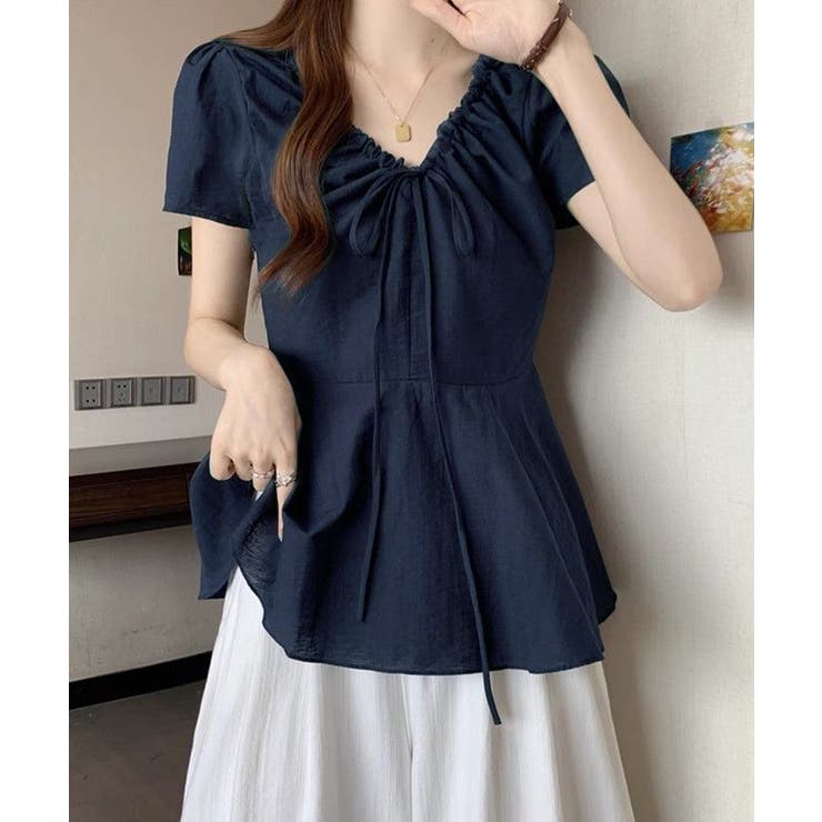 襟ドロストシャツ半袖レディース Vネックパフスリーブブラウス 大人きれいめ韓国風… | SUNSHINE CLOSET | 詳細画像8 