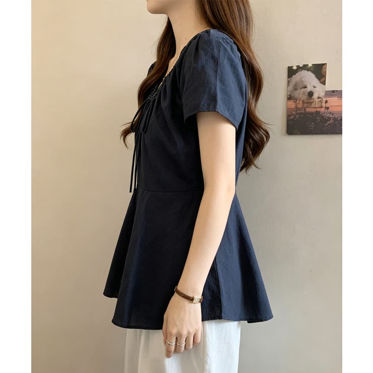 襟ドロストシャツ半袖レディース Vネックパフスリーブブラウス 大人きれいめ韓国風… | SUNSHINE CLOSET | 詳細画像9 