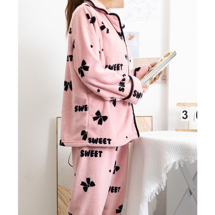 リボンフリースパジャマ 暖かい上下セット[品番：AGCW0006118