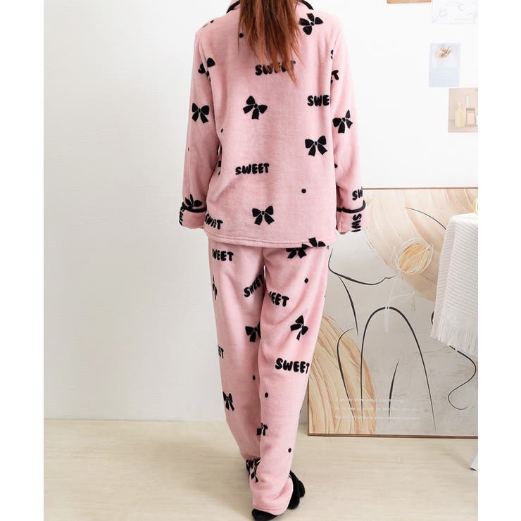 リボンフリースパジャマ 暖かい上下セット[品番：AGCW0006118