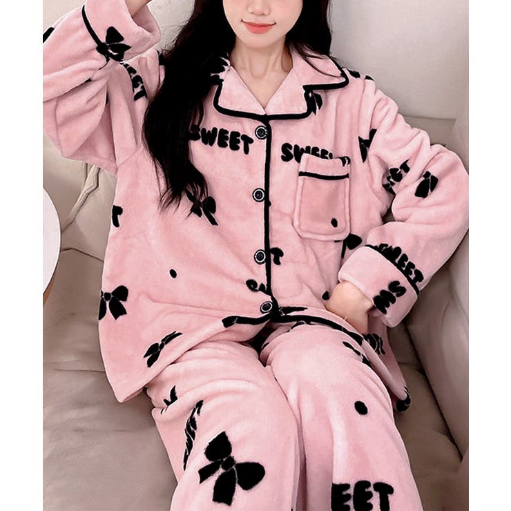 リボンフリースパジャマ 暖かい上下セット[品番：AGCW0006118