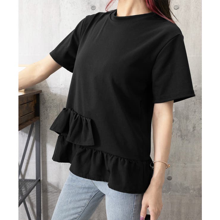 tシャツ gather frill long tee/アシンメトリーフリルロンT レディース FEKETE tシャツ FRILL LONG SLEEVE TEE / フリルロンT