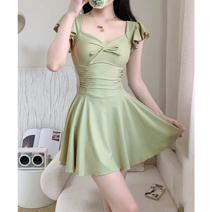 フリル袖ミニワンピ水着 大人可愛いリボン付き ウエストシャーリング水着 | SUNSHINE CLOSET | 詳細画像1 