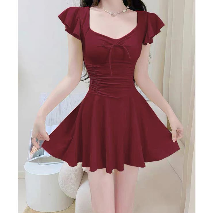 フリル袖ミニワンピ水着 大人可愛いリボン付き ウエストシャーリング水着 | SUNSHINE CLOSET | 詳細画像10 