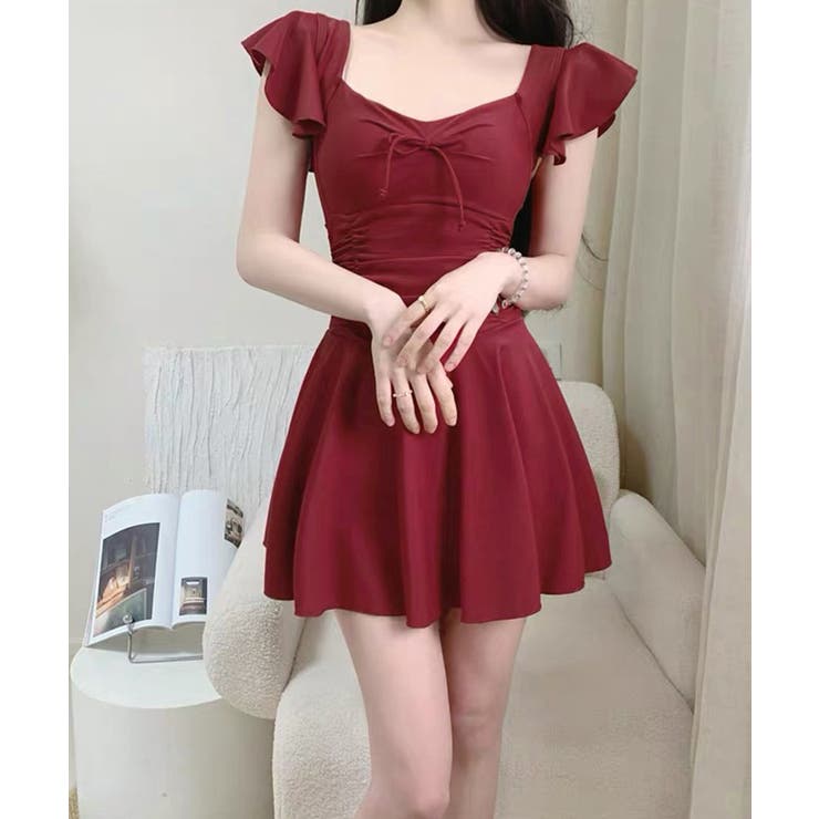 フリル袖ミニワンピ水着 大人可愛いリボン付き ウエストシャーリング水着 | SUNSHINE CLOSET | 詳細画像12 