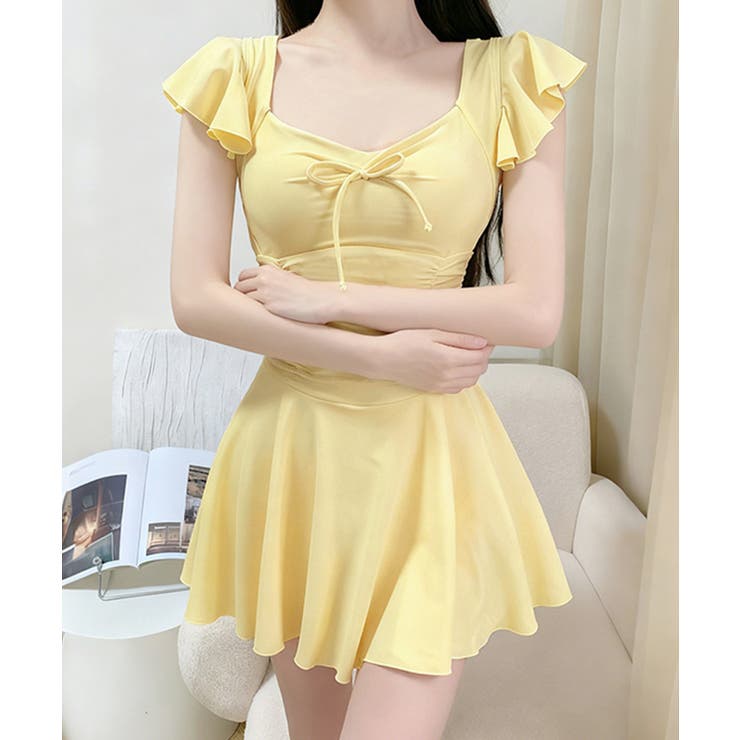 フリル袖ミニワンピ水着 大人可愛いリボン付き ウエストシャーリング水着 | SUNSHINE CLOSET | 詳細画像15 