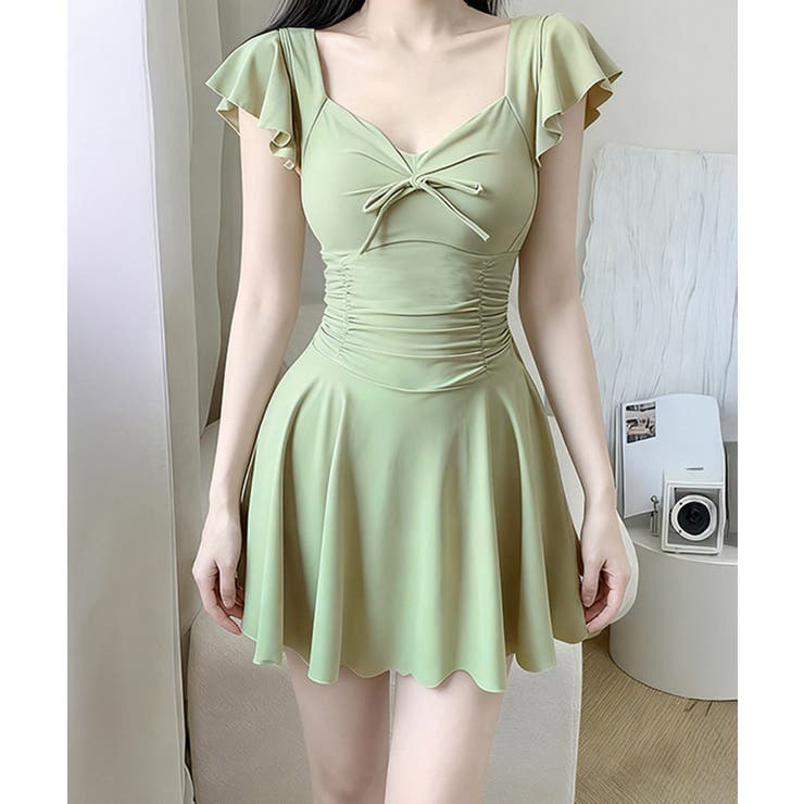 フリル袖ミニワンピ水着 大人可愛いリボン付き ウエストシャーリング水着 | SUNSHINE CLOSET | 詳細画像3 