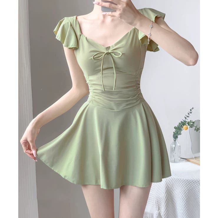 フリル袖ミニワンピ水着 大人可愛いリボン付き ウエストシャーリング水着 | SUNSHINE CLOSET | 詳細画像4 