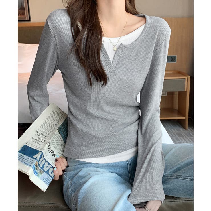レイヤード風Tシャツ スリットネック秋服 | SUNSHINE CLOSET | 詳細画像3 