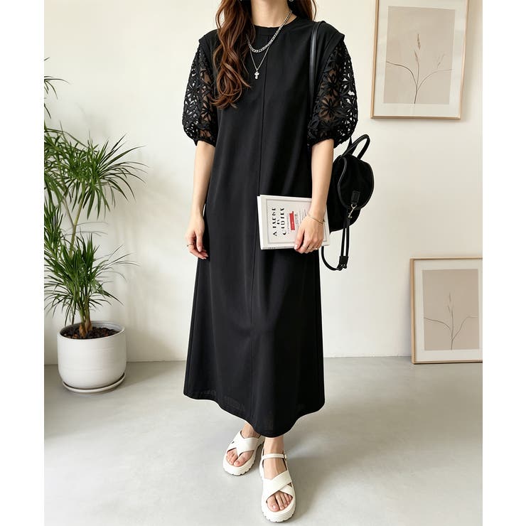 大人の抜け感ワンピレディース 体型カバー 立体花柄レース袖切替ワンピ春夏 | SUNSHINE CLOSET | 詳細画像1 
