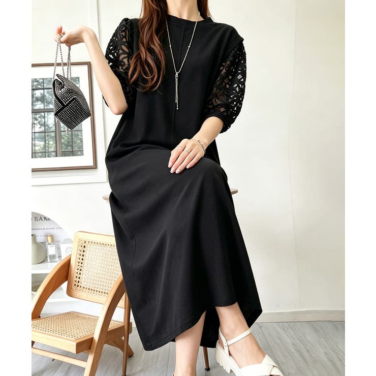 大人の抜け感ワンピレディース 体型カバー 立体花柄レース袖切替ワンピ春夏 | SUNSHINE CLOSET | 詳細画像14 