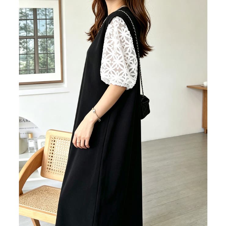 大人の抜け感ワンピレディース 体型カバー 立体花柄レース袖切替ワンピ春夏 | SUNSHINE CLOSET | 詳細画像3 