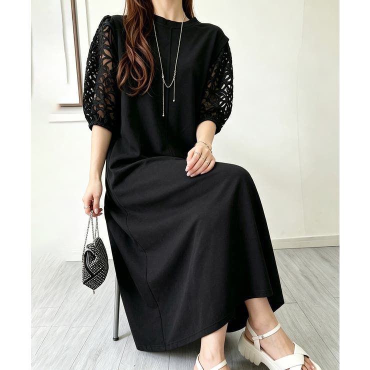 大人の抜け感ワンピレディース 体型カバー 立体花柄レース袖切替ワンピ春夏 | SUNSHINE CLOSET | 詳細画像5 