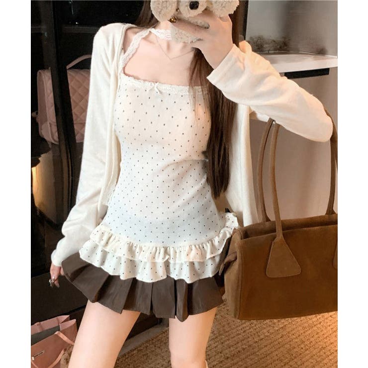 可愛い韓国風セットアップ フリルドット柄キャミソール 長袖カーディガン冷房対策 | SUNSHINE CLOSET | 詳細画像1 