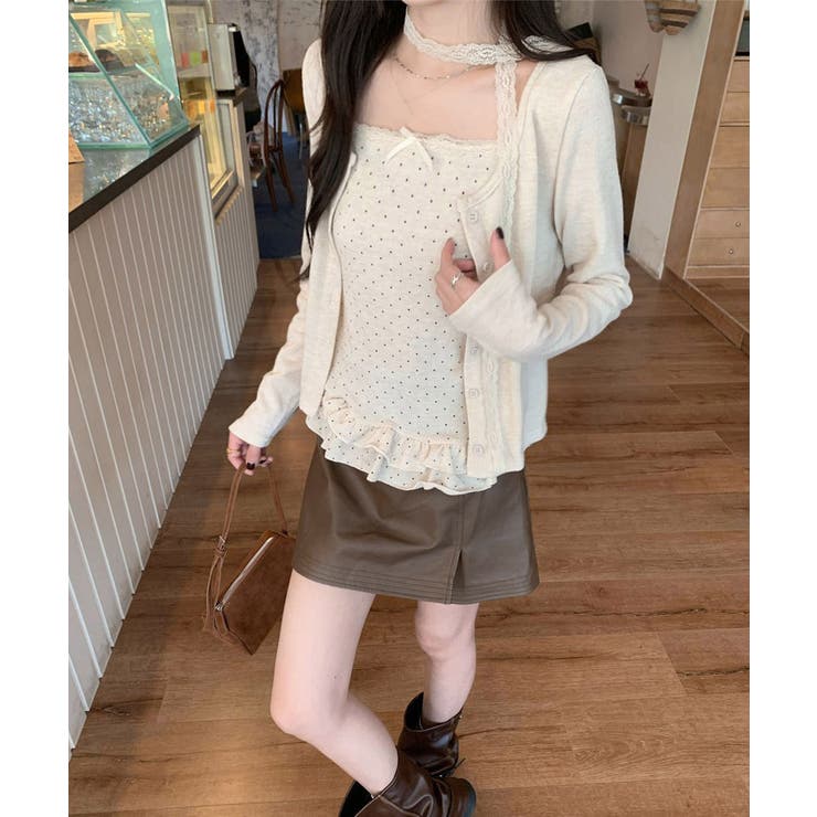 可愛い韓国風セットアップ フリルドット柄キャミソール 長袖カーディガン冷房対策 | SUNSHINE CLOSET | 詳細画像12 
