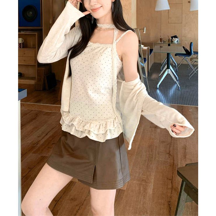 可愛い韓国風セットアップ フリルドット柄キャミソール 長袖カーディガン冷房対策 | SUNSHINE CLOSET | 詳細画像13 
