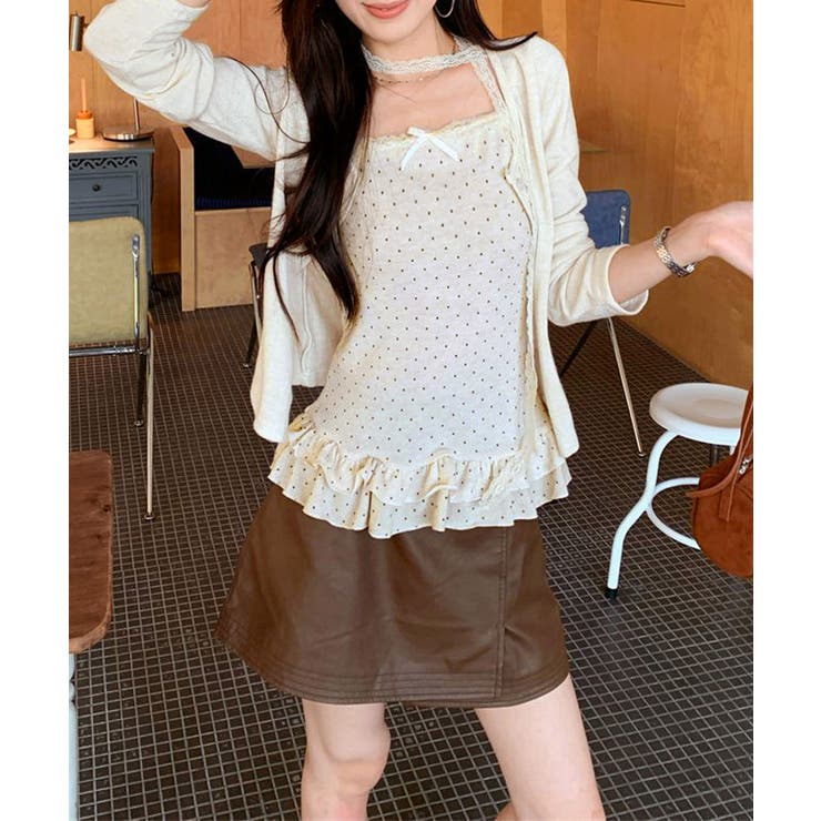 可愛い韓国風セットアップ フリルドット柄キャミソール 長袖カーディガン冷房対策 | SUNSHINE CLOSET | 詳細画像14 