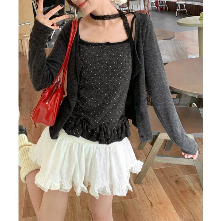 可愛い韓国風セットアップ フリルドット柄キャミソール 長袖カーディガン冷房対策 | SUNSHINE CLOSET | 詳細画像4 