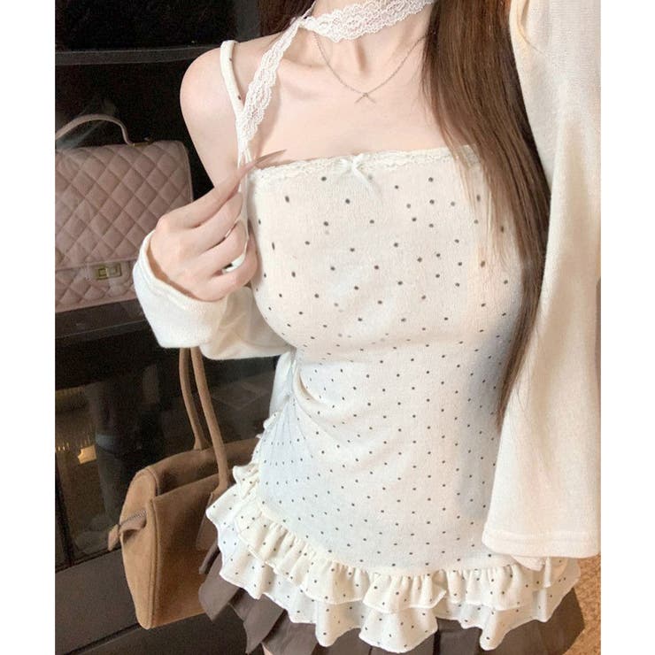 可愛い韓国風セットアップ フリルドット柄キャミソール 長袖カーディガン冷房対策 | SUNSHINE CLOSET | 詳細画像7 