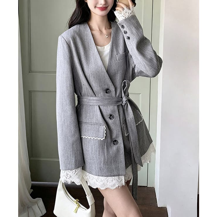 上品フェミニンミドル丈ジャケットウエストマークベルト付ノーカラー羽織り大人可愛い… | SUNSHINE CLOSET | 詳細画像1 