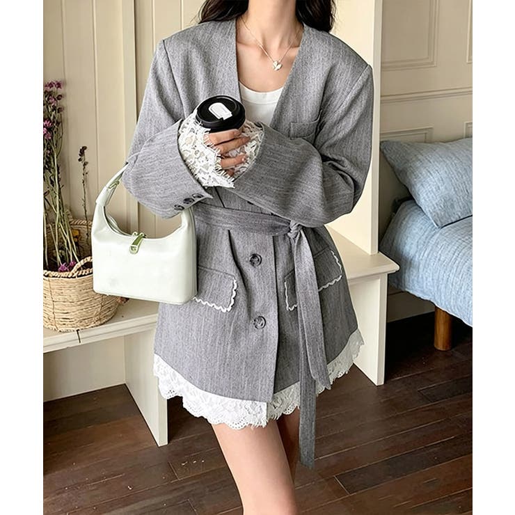 上品フェミニンミドル丈ジャケットウエストマークベルト付ノーカラー羽織り大人可愛い… | SUNSHINE CLOSET | 詳細画像8 