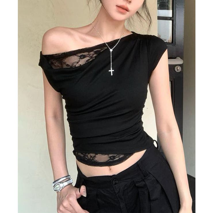 ワンショルトップスレディース アシンメトリーレースドッキングシャツ おしゃれクロ… | SUNSHINE CLOSET | 詳細画像1 