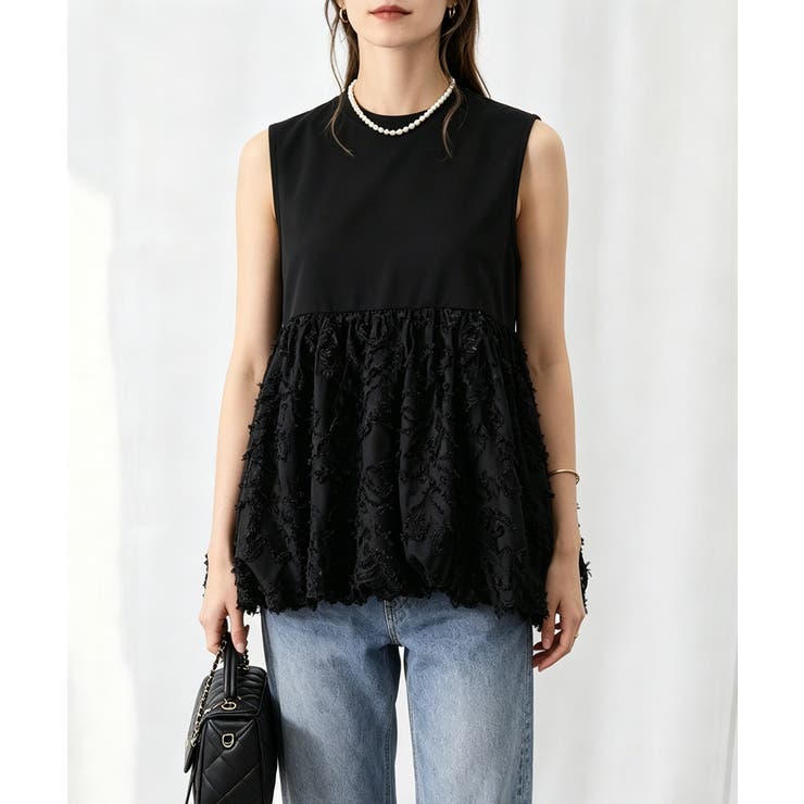 レディース クルーネックtシャツ 華やかなドッキングトップス大人可愛い | SUNSHINE CLOSET | 詳細画像1 
