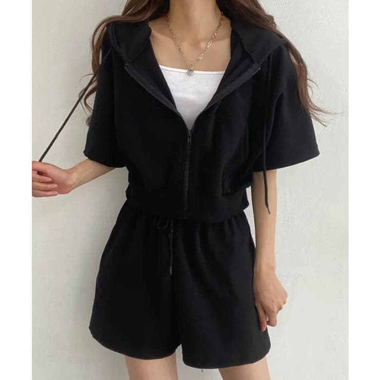 ジップアップパーカー クロップド丈トップス夏 ハイウエストショートパンツ | SUNSHINE CLOSET | 詳細画像1 