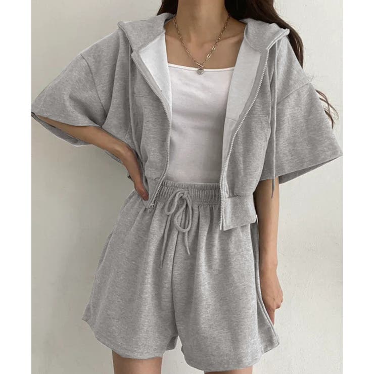 ジップアップパーカー クロップド丈トップス夏 ハイウエストショートパンツ | SUNSHINE CLOSET | 詳細画像3 