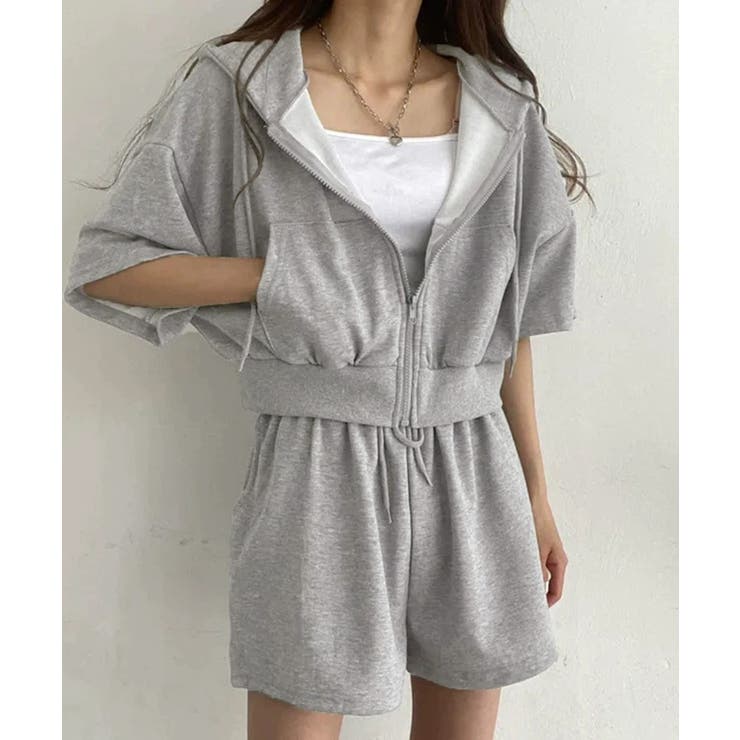 ジップアップパーカー クロップド丈トップス夏 ハイウエストショートパンツ | SUNSHINE CLOSET | 詳細画像4 