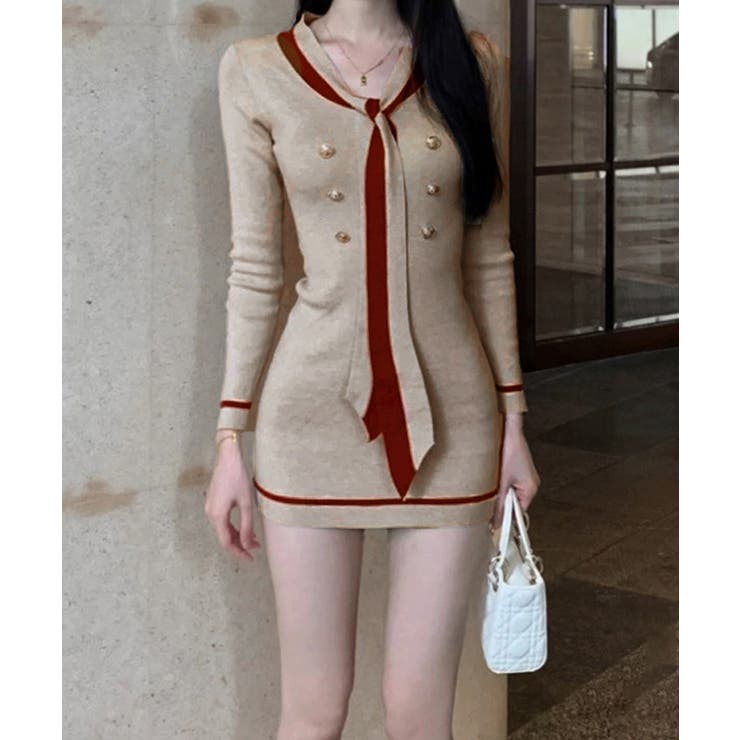 リボンタイミニワンピース配色ニットドレス | SUNSHINE CLOSET | 詳細画像1 