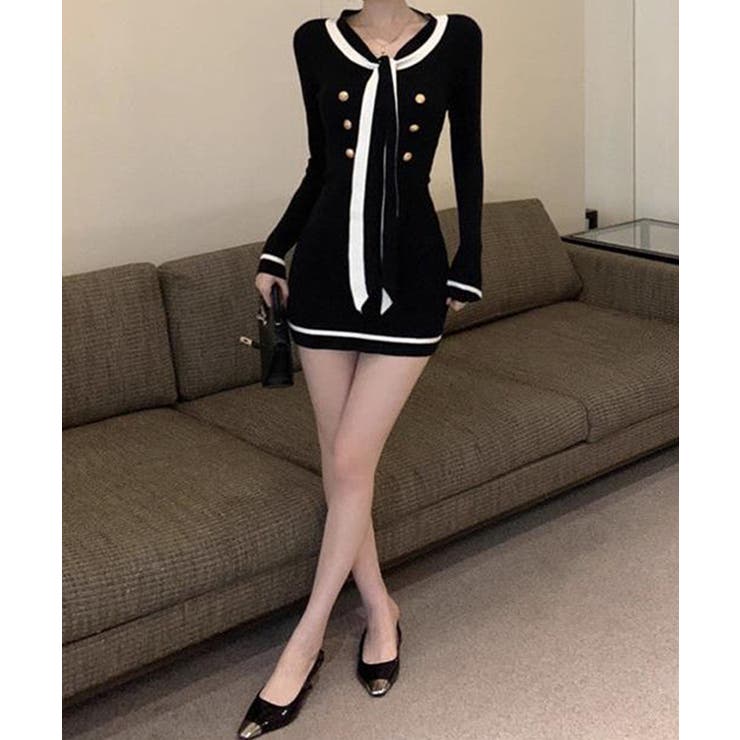 リボンタイミニワンピース配色ニットドレス | SUNSHINE CLOSET | 詳細画像10 