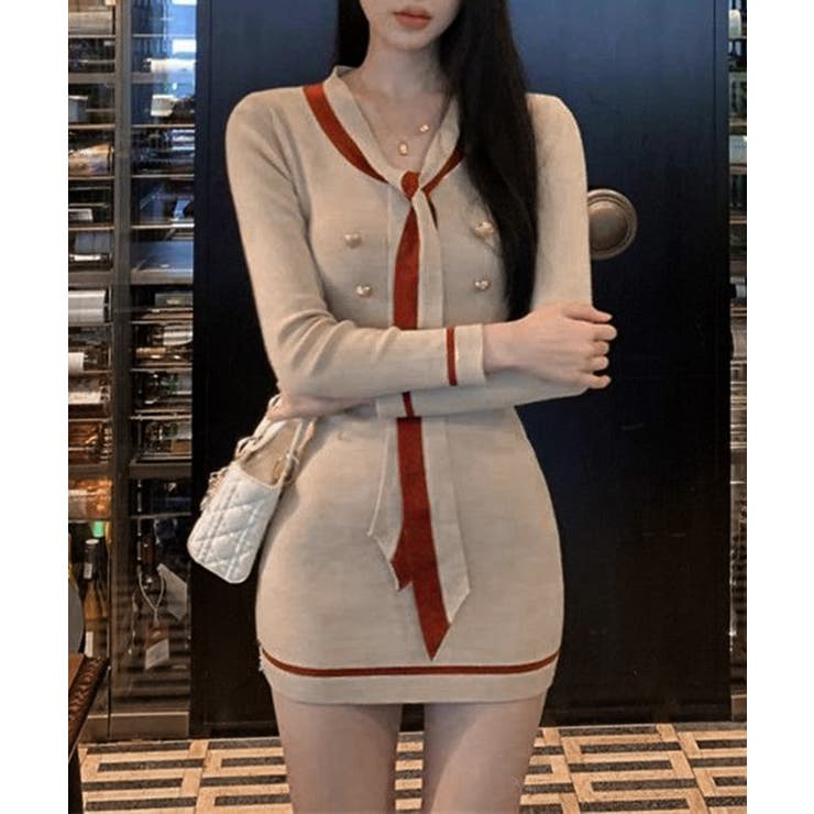 リボンタイミニワンピース配色ニットドレス | SUNSHINE CLOSET | 詳細画像12 