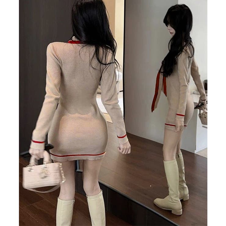 リボンタイミニワンピース配色ニットドレス | SUNSHINE CLOSET | 詳細画像14 