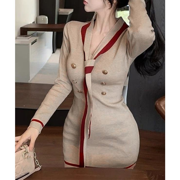 リボンタイミニワンピース配色ニットドレス | SUNSHINE CLOSET | 詳細画像15 