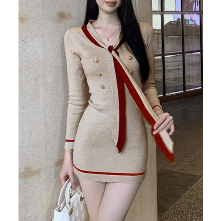 リボンタイミニワンピース配色ニットドレス | SUNSHINE CLOSET | 詳細画像2 