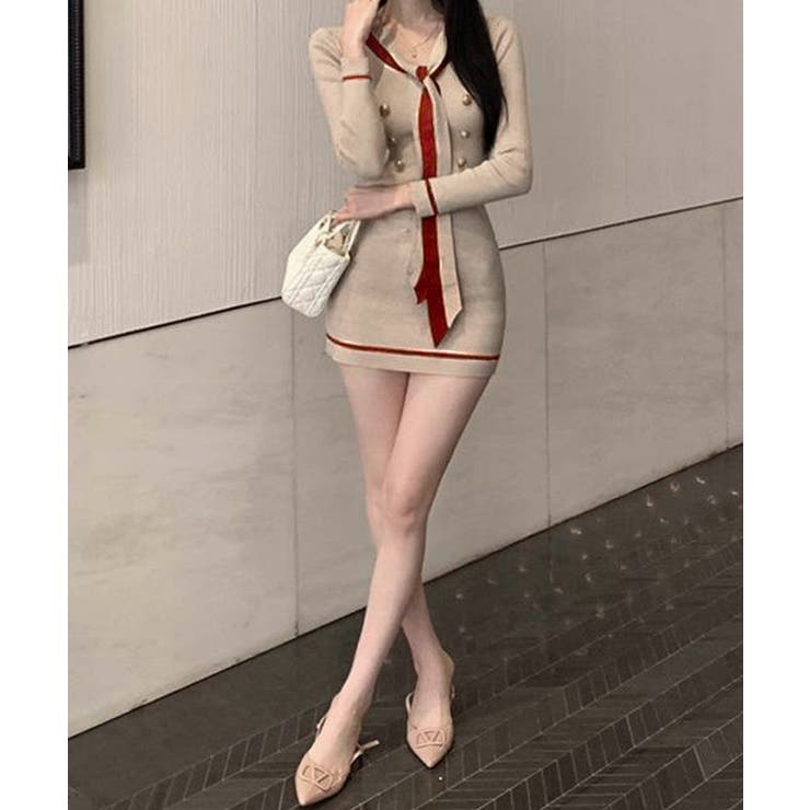 リボンタイミニワンピース配色ニットドレス | SUNSHINE CLOSET | 詳細画像6 