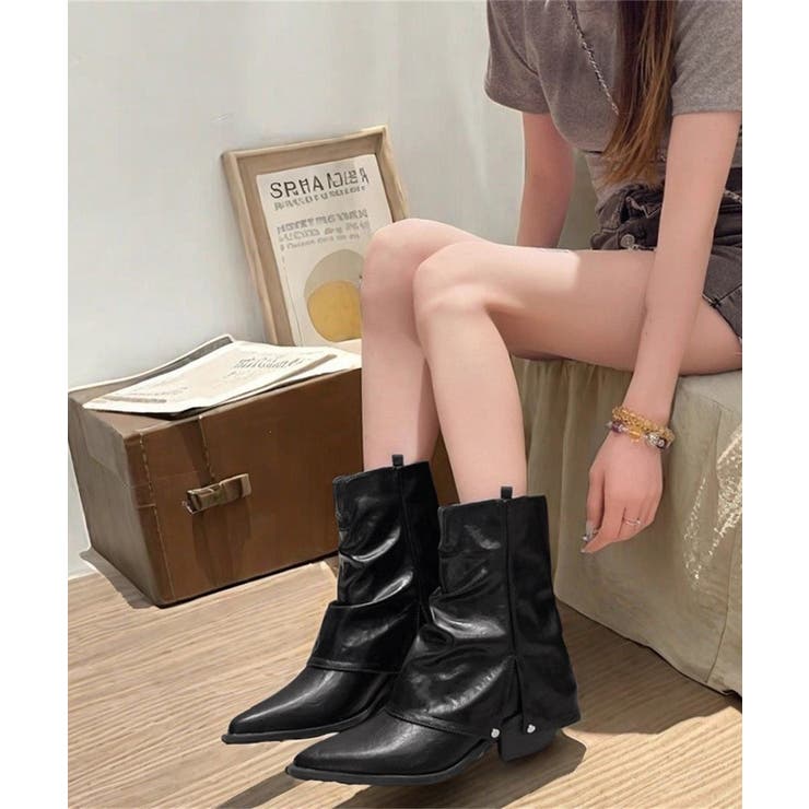 レディース 美脚ポインテッドブーツ ヴィンテージ風レザー調カバーブーツ | SUNSHINE CLOSET | 詳細画像18 