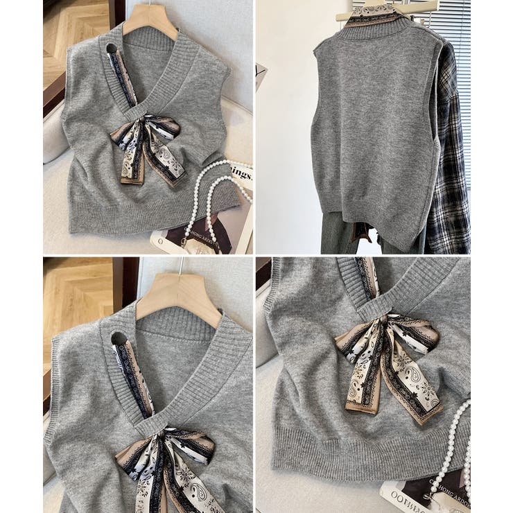 Vネックニットベストスカーフ付き 韓国風[品番：AGCW0006903