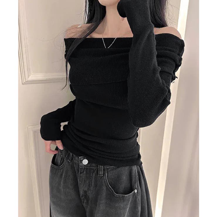 ワイドオフショルダーニットトップス肩出し[品番：AGCW0006951