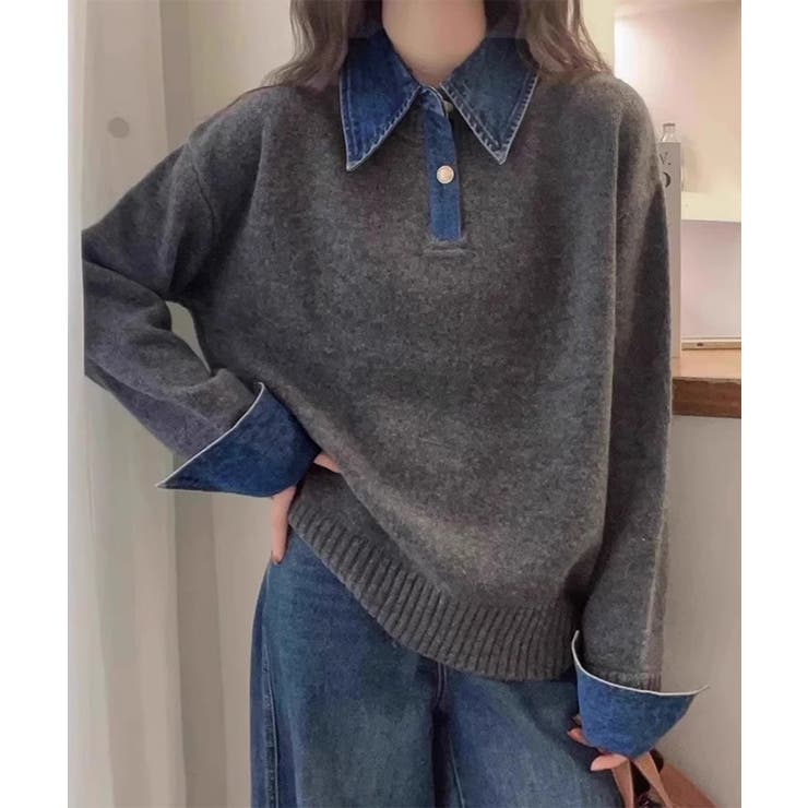 デニム切り替え レイヤード風ニットポロ襟 | SUNSHINE CLOSET | 詳細画像1 