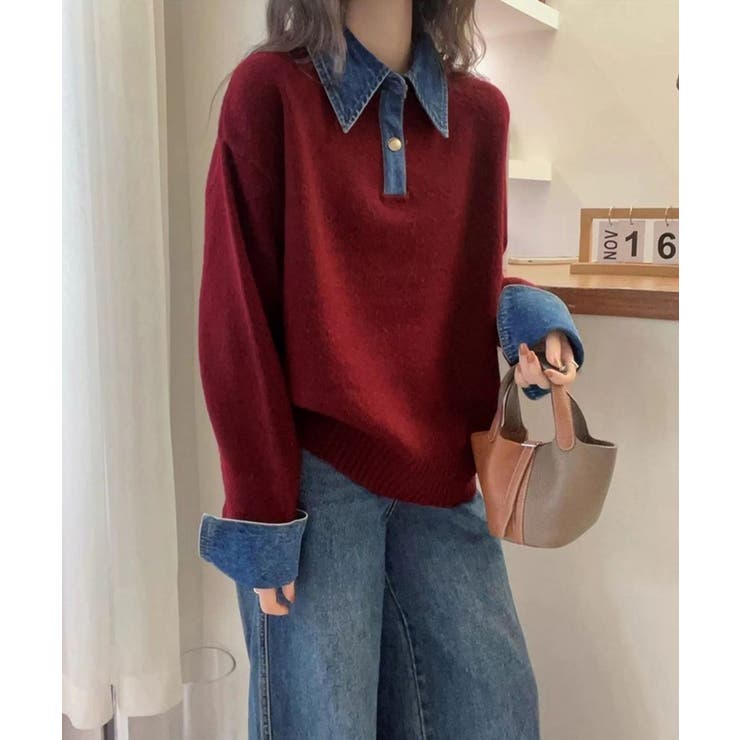 デニム切り替え レイヤード風ニットポロ襟 | SUNSHINE CLOSET | 詳細画像14 