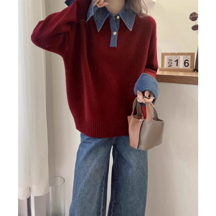 デニム切り替え レイヤード風ニットポロ襟 | SUNSHINE CLOSET | 詳細画像15 