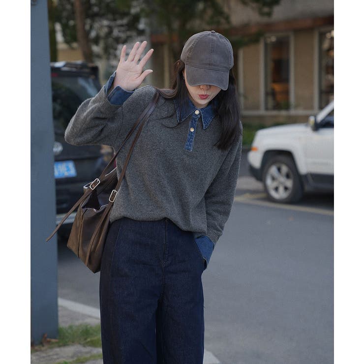 デニム切り替え レイヤード風ニットポロ襟 | SUNSHINE CLOSET | 詳細画像16 