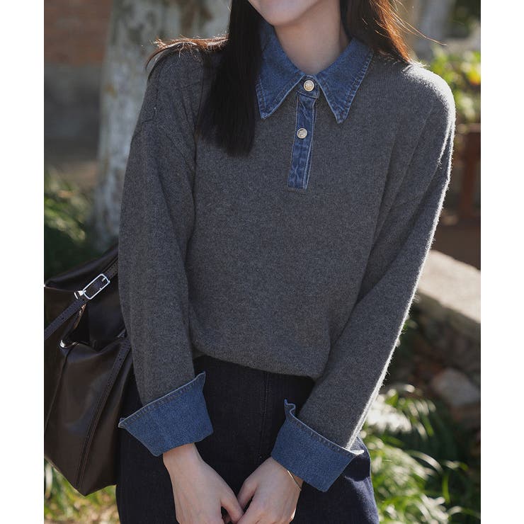 デニム切り替え レイヤード風ニットポロ襟 | SUNSHINE CLOSET | 詳細画像17 