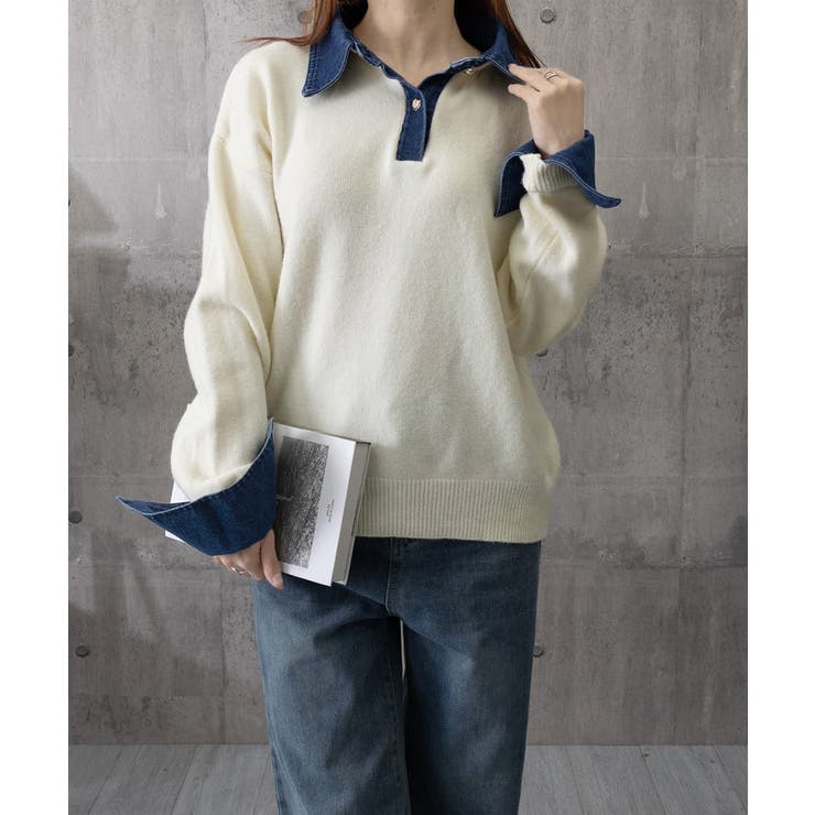 デニム切り替え レイヤード風ニットポロ襟 | SUNSHINE CLOSET | 詳細画像18 