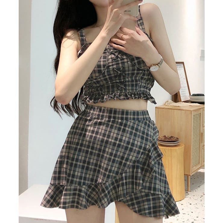 チェック柄水着 レースアップフリルビスチェ水着 ショーツ一体型ミニスカートタンキ… | SUNSHINE CLOSET | 詳細画像1 