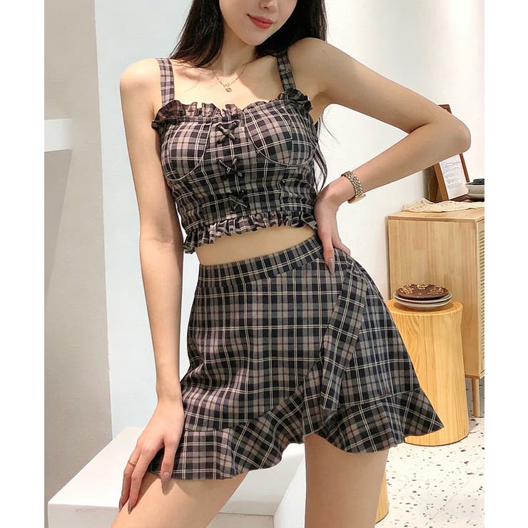 チェック柄水着 レースアップフリルビスチェ水着 ショーツ一体型ミニスカートタンキ… | SUNSHINE CLOSET | 詳細画像11 
