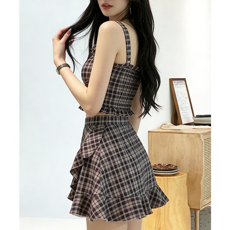 チェック柄水着 レースアップフリルビスチェ水着 ショーツ一体型ミニスカートタンキ… | SUNSHINE CLOSET | 詳細画像12 